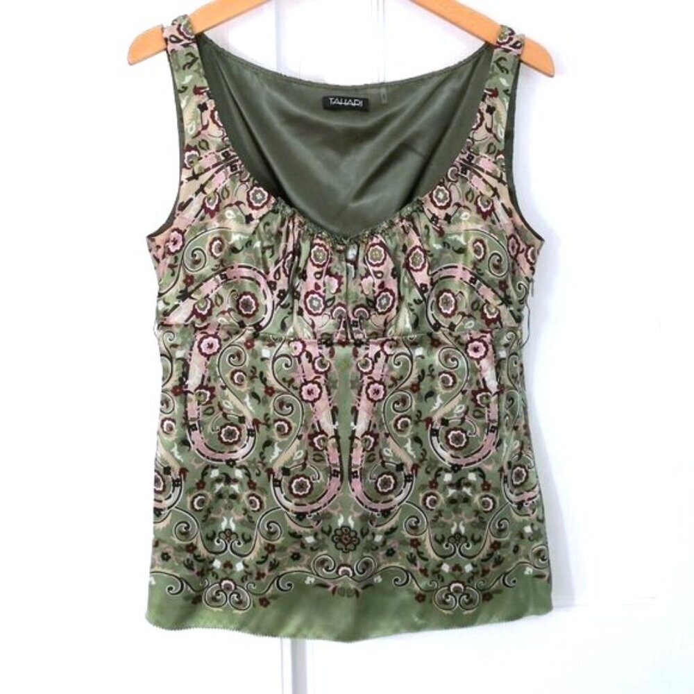 Tahari Paisley Cami Babydoll Boho Fairy Y2K 100% Silk Lace Glam Sz S‎